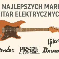 Ilustracja przedstawia gitarę elektryczną i logotypy znanych marek gitar elektrycznych: Fender, PRS, Gibson, Ibanez.