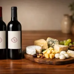 Due bottiglie di vino rosso accanto a un tagliere con vari formaggi, uva e miele. Il vino perfetto per formaggi.