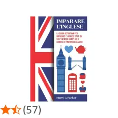 Copertina di un libro per imparare l'inglese, con icone di Londra e la Union Jack. Perfetto per chi vuole imparare l'inglese, magari guardando un film in inglese.