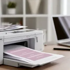 Drukarka drukuje dokument, obok leży laptop. Dowiedz się, jak sprawdzić historię drukowania.