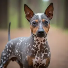 Ein nackter Hund mit auffälligen Flecken steht im Wald.