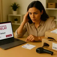 Femme inquiète devant son ordinateur affichant "Mondial Relay - Status: Delayd". Deux colis abîmés sont sur la table.