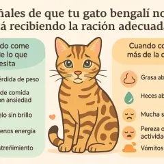 Tabla de alimento para gatos: señales de que tu gato bengalí come poco o demasiado. Muestra síntomas como pérdida de peso o vómitos.