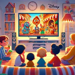 Dzieci oglądają bajkę z postaciami z kreskówki Disney.