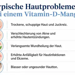 Les symptômes d'une carence en vitamine D incluent peau sèche, acné, cicatrisation lente, infections cutanées et teint pâle.