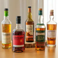 Fünf Flaschen verschiedener Whisky-Sorten stehen nebeneinander: Glenfiddich, Glenallachie, Talisker, Cragganmore und Ardnahoe.