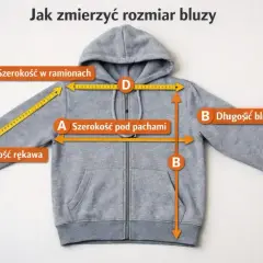 Szara bluza z kapturem z miarką. Pokazano, jak zmierzyć szerokość pod pachami (A), długość bluzy (B), długość rękawa (C) i szerokość w ramionach (D).
