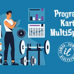 Ilustracja mężczyzny z tabletem, sprzętem do ćwiczeń i wykresami, z napisem "Program Kart MultiSport".