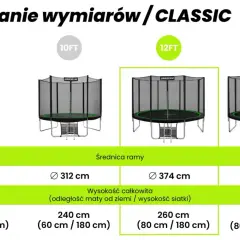 Porównanie trampolin: 8FT (252 cm), 10FT (312 cm), 12FT (374 cm), 14FT (435 cm). Sprawdź wymiary i wysokość.