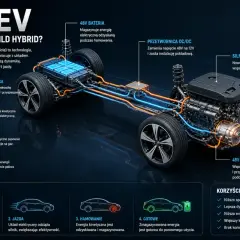 Schemat układu MHEV: silnik spalinowy, 48V bateria, rozrusznik-generator. Wady hybrydowe turbo? Nie, to zalety: niższe spalanie, lepsza dynamika.