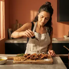 Una mujer añade vinagre balsámico a higos asados en una tabla de cortar. La escena muestra ingredientes para una deliciosa receta.
