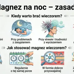 Kiedy brać magnez? Wieczorem przy napięciu mięśni, problemach z zasypianiem, stresie, skurczach. Stosuj 30-60 min przed snem, regularnie, w przyswajalnej formie.