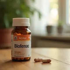 Butelka leku Biofenac 100 mg na drewnianym stole, obok dwie kapsułki. W tle rośliny doniczkowe.