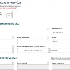 Formularz ESTA z polskimi polami do wypełnienia, np. dane kontaktowe w USA.