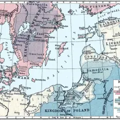 Stara mapa Europy Północnej i Wschodniej z zaznaczonymi królestwami i regionami.