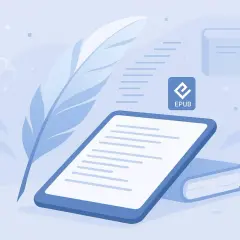 Une tablette affiche du texte, à côté d'une plume et d'un livre. Le logo EPUB est visible, symbolisant les livres numériques.