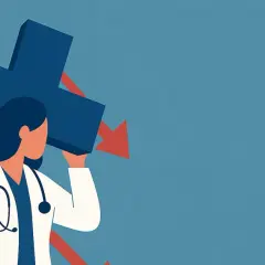Medico con croce blu, frecce rosse in calo e grafico. Simboleggia un sistema mutualistico prima del '78 in difficoltà.