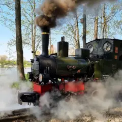 Parowóz z kotłem i kominem wydzielający dym, jeden z zabytkowych lokomotyw w Polsce, na tle jeziora i drzew.
