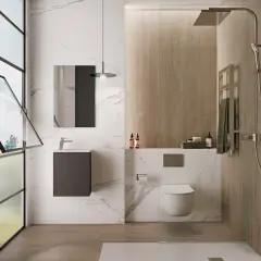 Modernos baños pequeños con ducha, inodoro suspendido y lavabo flotante, con acabados en mármol y madera.