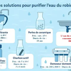 Diverses méthodes pour comment filtrer l'eau du robinet : carafe, perles, charbon actif, adoucisseur, osmoseur. L'eau du robinet est consommable sans filtres.