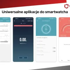 Aplikacja do zegarka z funkcjami monitorowania kroków, snu, tętna i zmęczenia. Widoczne też opcje biegania, zarządzania urządzeniem i odczytu tętna.