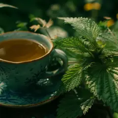 Herbatka z pokrzywy, która na co pomaga, w filiżance wśród zieleni.