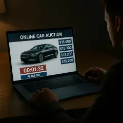 Mężczyzna licytuje samochód na aukcji online.
