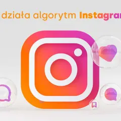 Ikona Instagrama i bańki z symbolami serca, wiadomości i udostępniania. Jak działa algorytm Instagrama?
