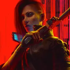 Cyberpunk 2077 osiągnięcia: kobieta z cybernetyczną ręką i pistoletem na tle czerwonych, glitchujących linii.