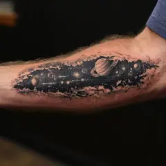 Tatuaż kosmos na przedramieniu: Saturn, planety i gwiazdy w czerni i bieli.