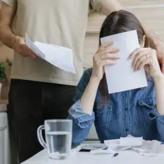 Zmartwiona kobieta z dokumentami, mężczyzna z rachunkami. Czy komornik może zająć mieszkanie przepisane na dziecko?