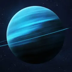 Błękitny Uran planeta z pierścieniami na tle gwiezdnego kosmosu.
