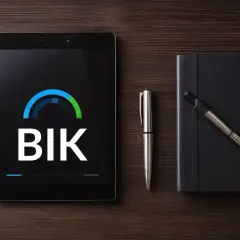 Tablet z logo BIK, symbolem systemu informacji kredytowej i gospodarczej, obok długopis i czarny notes.