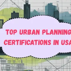Stylized illustration of city skylines and blueprints with a cloud shape containing "TOP URBAN PLANNING CERTIFICATIONS IN USA".