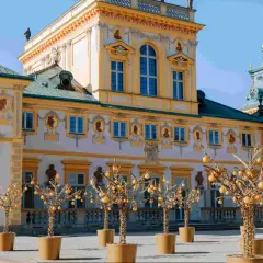 Barokowy pałac, jeden z pięknych muzeów w Polsce, z ozdobnymi drzewkami w donicach przed fasadą.