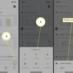 Tap "Photos and Videos" to add them to Google Drive. The interface shows options to upload files.