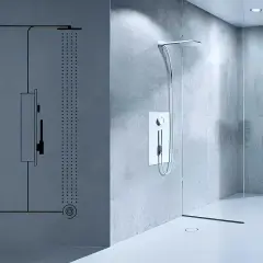 Schéma d'une douche moderne avec un système de douche recyclage eau. L'image montre le fonctionnement d'une douche à effet pluie et d'une douchette, avec des icônes pour le contrôle de la température et du débit.