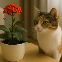 Eine Katze schaut neugierig auf eine blühende Kalanchoe, die giftig ist.