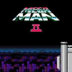 Tytuł gry Mega Man 2 z niebieskim bohaterem na tle nocnego miasta i gór.