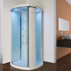 Une cabine de douche moderne avec éclairage bleu, offrant une expérience de douche sensorielle relaxante.