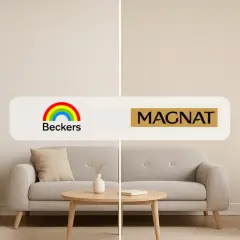 Dwa wnętrza salonu, jedno z logo Beckers, drugie z logo Magnat. Które wybierasz?