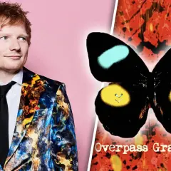 Ed Sheeran in einem bunten Anzug neben einem Schmetterling mit dem Titel "Overpass Graffiti".