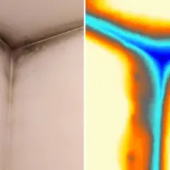 Angolo di una stanza con muffa e termografia che mostra dispersioni termiche, evidenziando l'efficacia dell'isolante termico liquido.