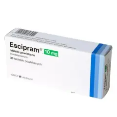 Opakowanie leku Escipram 10 mg, zawierające 30 tabletek powlekanych z escitalopramem.