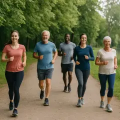 Grupa ludzi w różnym wieku cieszy się wspólnym, spokojnym bieganiem w parku nad jeziorem.