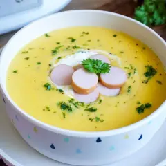 Cremige Kartoffelsuppe, zubereitet im Thermomix, garniert mit Würstchenscheiben, einem Klecks Sahne und Petersilie.