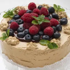 Tarta de moka decorada con frutos rojos y hojas de menta. ¡Una delicia para la vista y el paladar!