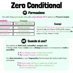 Spiegazione dello zero e first conditional con esempi su come si formano e quando si usano per fatti reali o istruzioni.