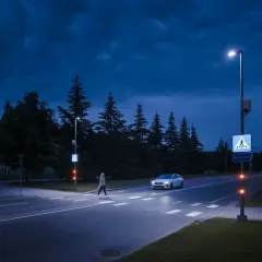 Nocny przejazd przez skrzyżowanie z dobrze oświetlonym przejściem dla pieszych, pokazujący klasy oświetlenia dróg. Samochód zbliża się do pieszego.