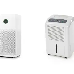 Dos aparatos blancos: un purificador de aire y un deshumidificador que elimina la humedad.